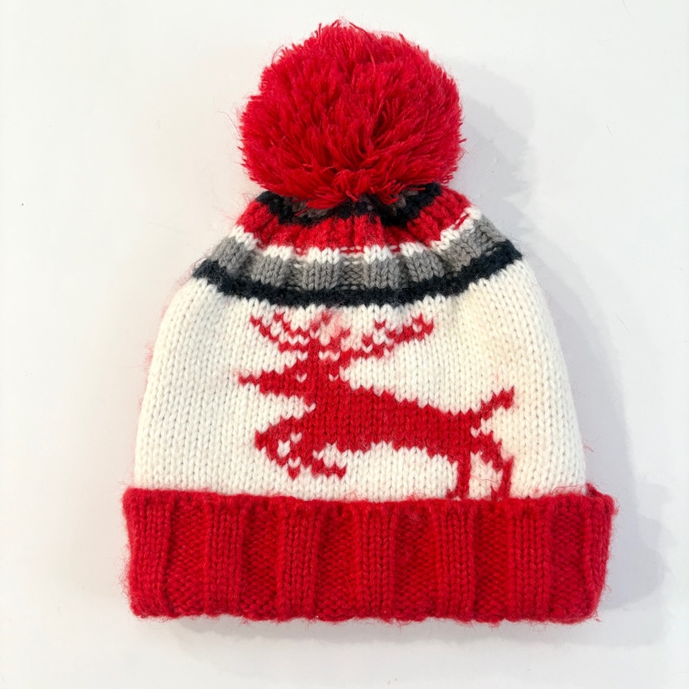 Fair Isle Reindeer Knit Hat with Pom Pom Red & White Winter Kids Beanie